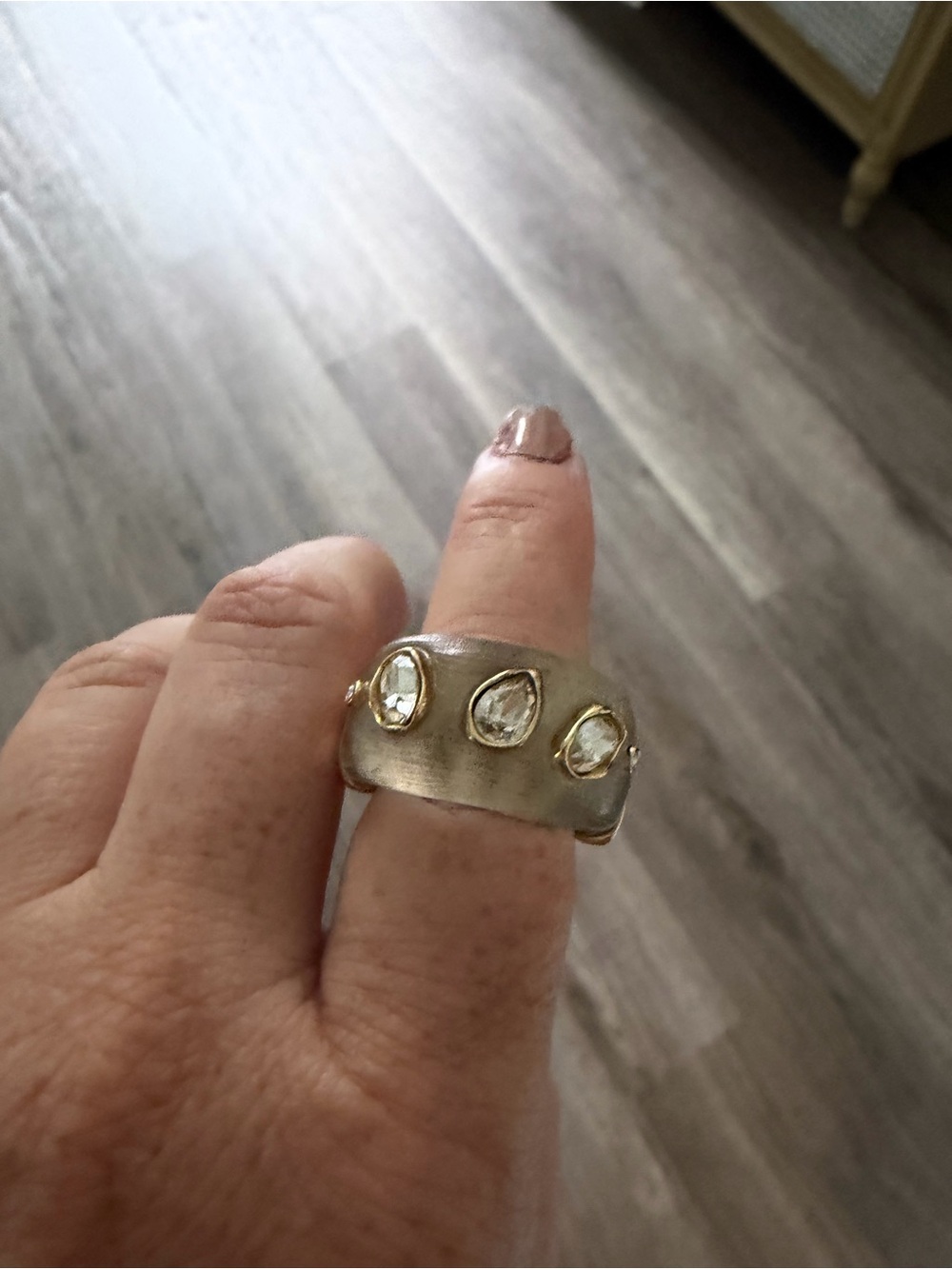ALEXIS BITTAR Elegant Gold-Tone Wide Band Ring with Clear Teardrop Stones
